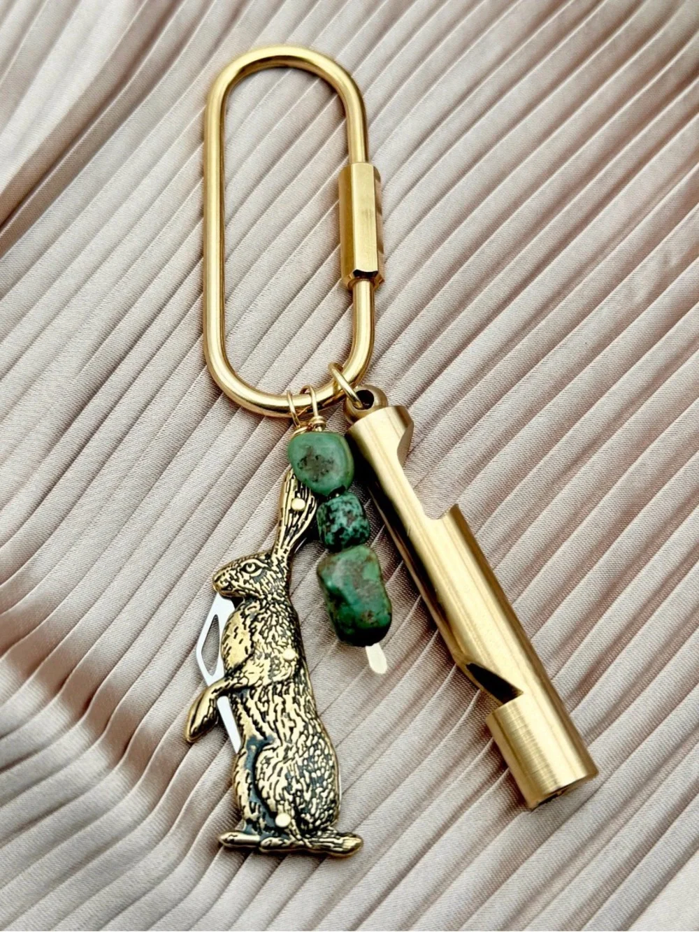 Gold Rabbit Whistle Keychain with Green Stone Beads